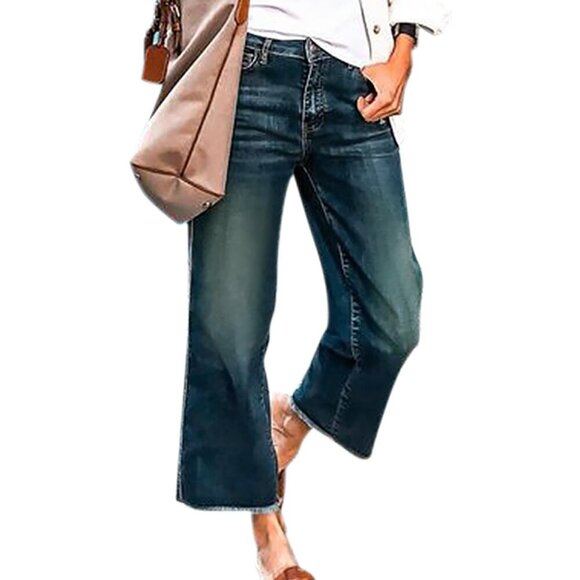 Denim - Women's Wide Leg Jeans Vintage Denim 90s Raw Hem Mid Rise Straight Fit